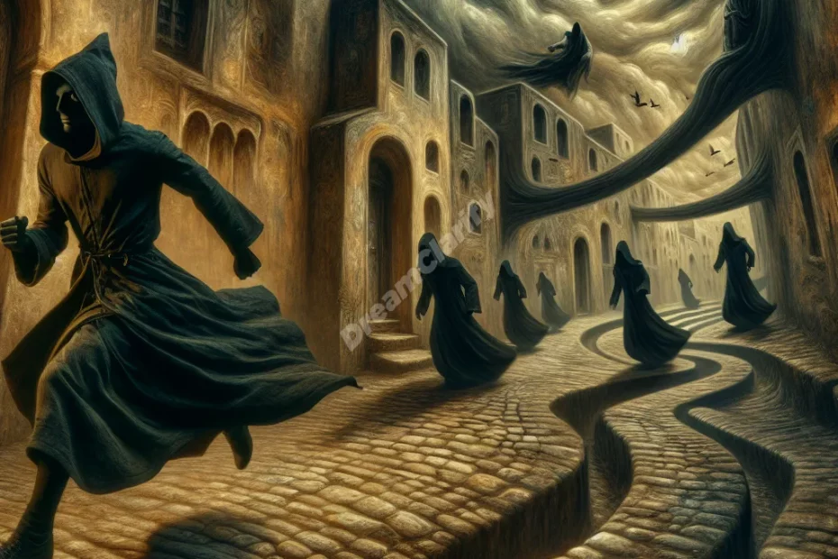 Person fleeing from shadowy group in dream-like street scene, illustrating chase dreams.