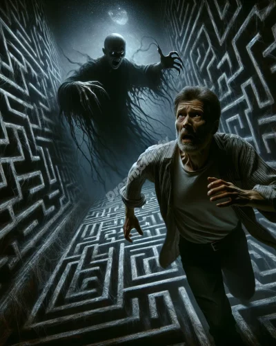 Person frantically running through a dark, complex maze, looking back in fear during a chase nightmare.