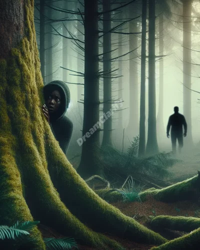 Person hiding behind tree in misty forest, shadowy figure lurking in background, representing chase and hide dreams.
