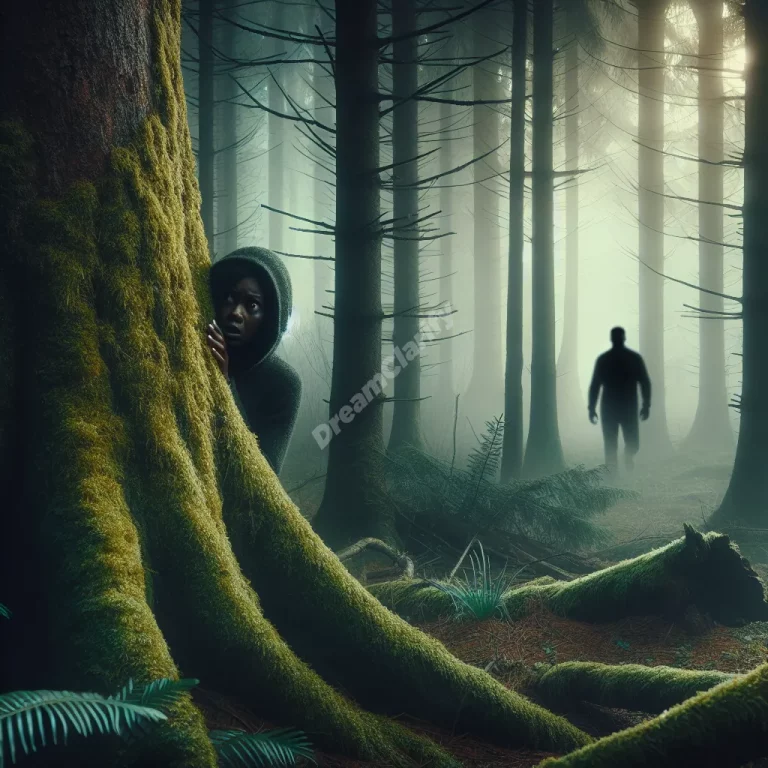 Person hiding behind tree in misty forest, shadowy figure lurking in background, representing chase and hide dreams.