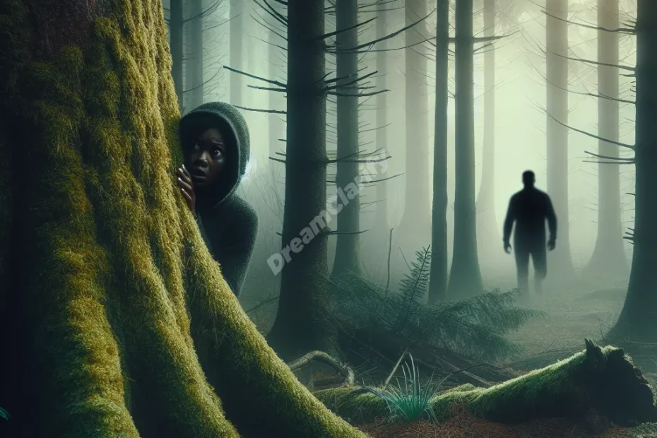 Person hiding behind tree in misty forest, shadowy figure lurking in background, representing chase and hide dreams.