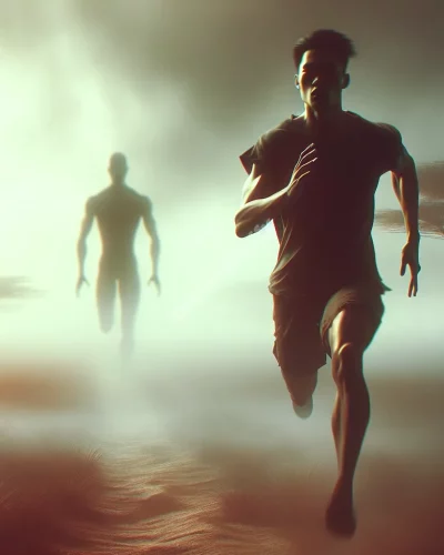 Person struggling to run in dreamy landscape, chased by shadowy figure, illustrating unable-to-run dream scenario.