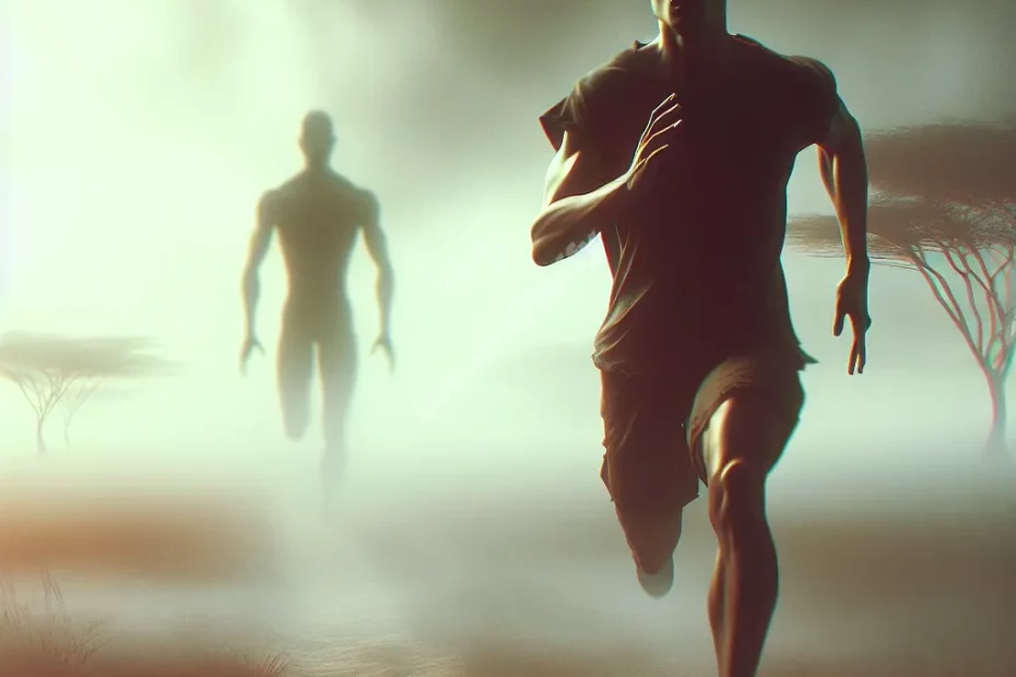 Person struggling to run in dreamy landscape, chased by shadowy figure, illustrating unable-to-run dream scenario.