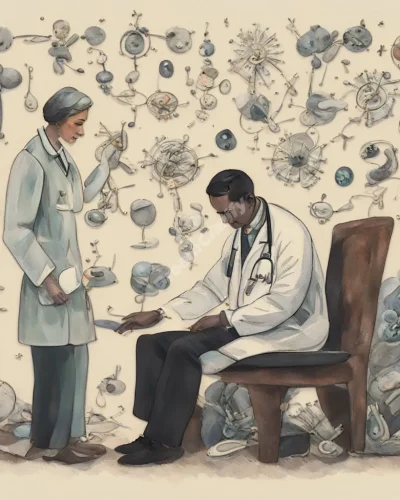 A doctor examining a patient made of dream symbols, representing health concerns.