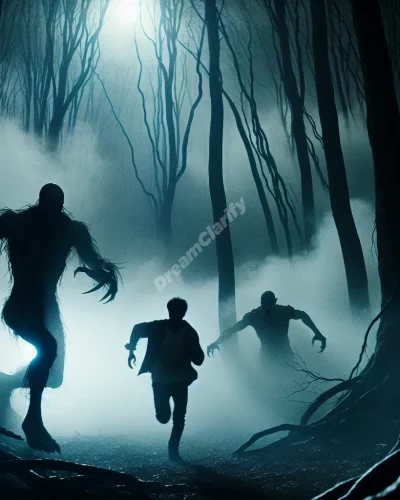 Terrifying monster chasing person through dark, misty forest in a nightmare scene.