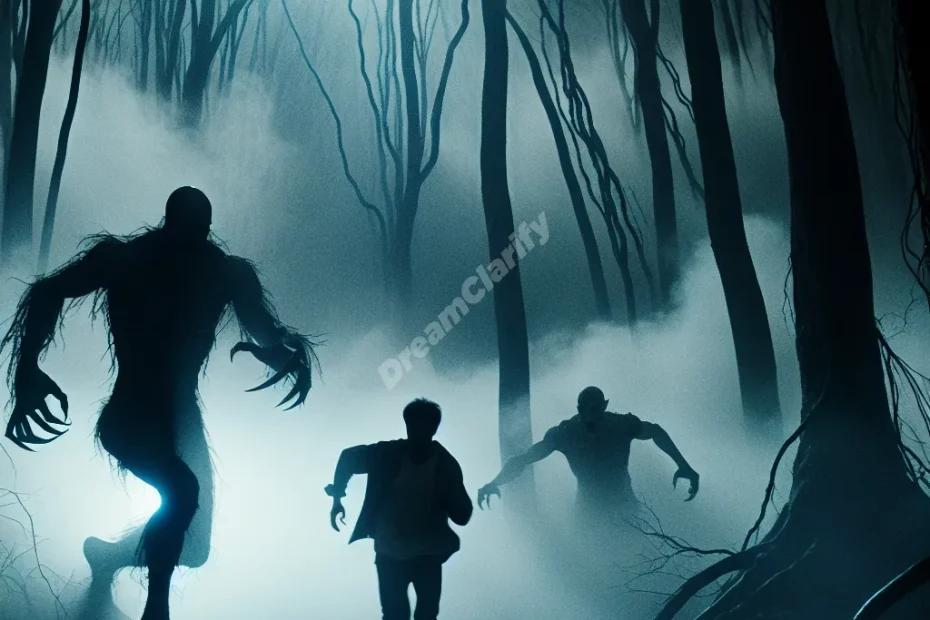 Terrifying monster chasing person through dark, misty forest in a nightmare scene.