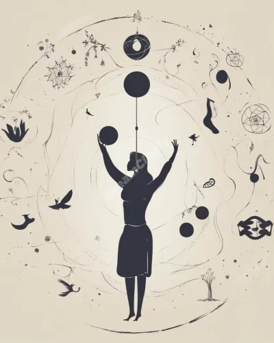 A figure juggling various dream symbols, representing balance and skill.