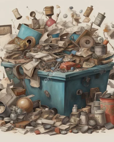 Junk piles revealing hidden treasures, surrounded by symbols of value and waste.