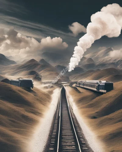 Trains moving through different dream landscapes, representing life's journey.