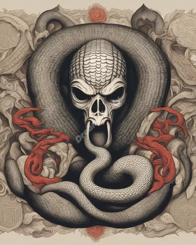 A cobra rising, surrounded by symbols of danger and wisdom.