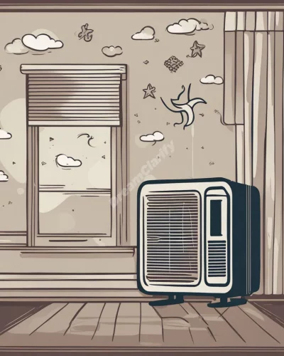 An air conditioner blowing cool air with dream symbols, representing comfort.