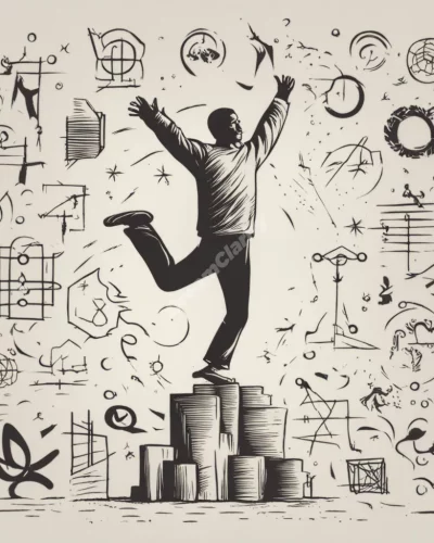 A figure jumping high, surrounded by symbols of ambition and achievement.