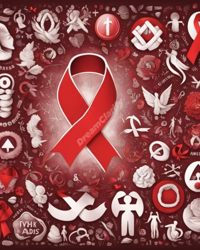 Red ribbon forming AIDS symbol, surrounded by health and awareness dream symbols.