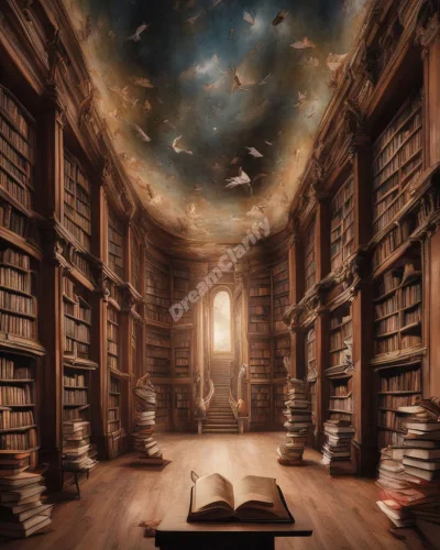 A library with books revealing different dream scenes, representing knowledge.