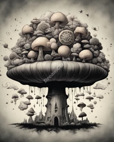 A nuclear bomb with a mushroom cloud of dream symbols, representing fear and change.