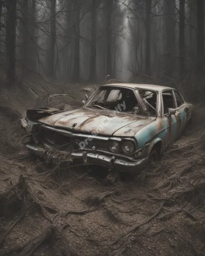 A car wreck revealing hidden dream scenes, representing unexpected revelations.