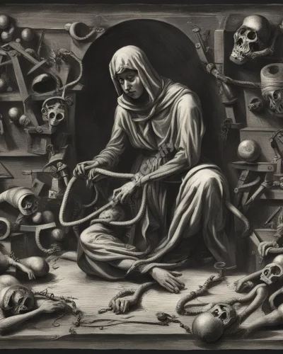 A figure in distress, surrounded by dark symbols, representing torture.