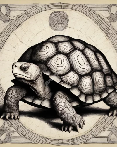 A tortoise with a shell revealing wisdom symbols, representing slow but steady progress.