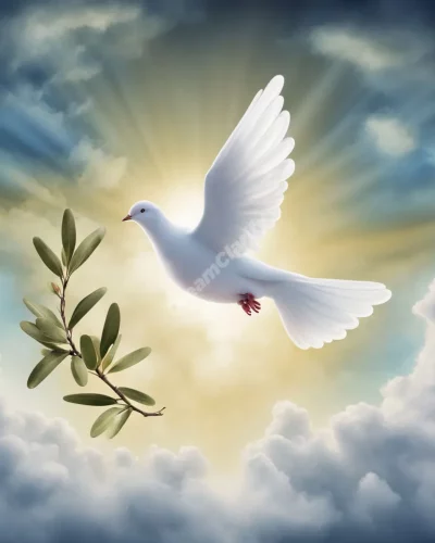 A dove carrying an olive branch through dream clouds, representing peace and hope.