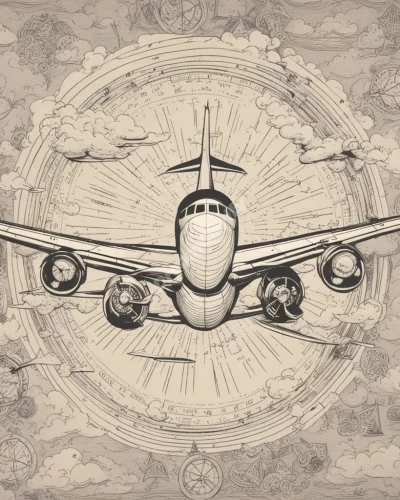 An airplane flying through the sky, surrounded by symbols of travel and freedom.