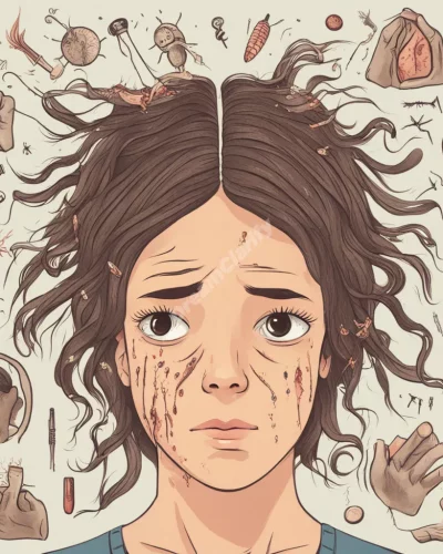Lice crawling through hair, surrounded by symbols of irritation and discomfort.