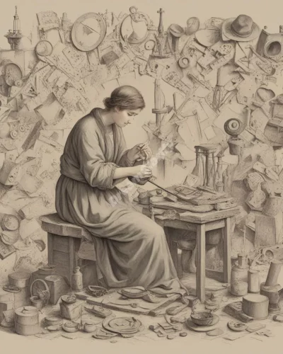 A figure repairing broken objects, surrounded by symbols of restoration.