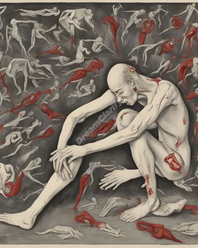 A person writhing in agony, surrounded by symbolic pain representations.