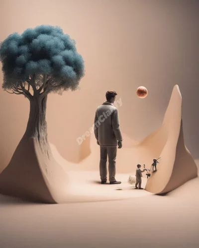 A figure shrinking to explore a miniature dream world, representing new perspectives.