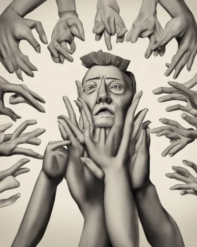 A figure surrounded by accusing fingers, representing feelings of false accusation.