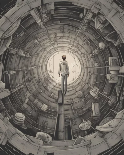 A figure trapped in a confined space, surrounded by symbols of restriction.