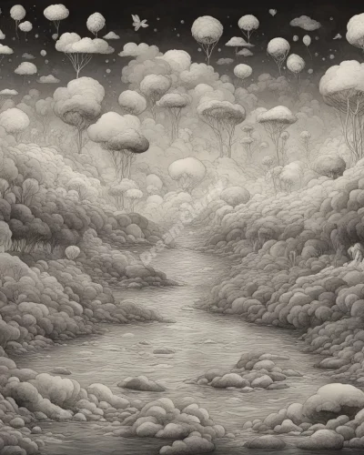 A flood of dream symbols washing through a landscape, representing overwhelming emotions.