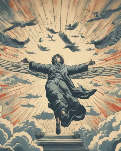 A figure flying through the sky, surrounded by freedom symbols, representing liberation.