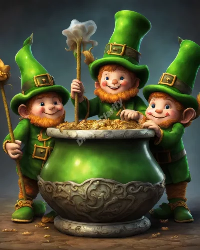 Leprechauns guarding a pot of dream symbols, representing hidden treasures and mischief.