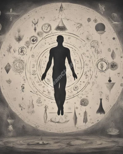 A figure levitating above the ground, surrounded by symbols of transcendence.