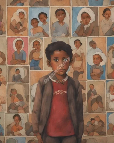 Orphanages with children, surrounded by symbols of care and community.