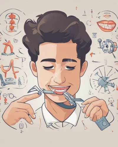 An orthodontist adjusting braces, surrounded by symbols of alignment and correction.