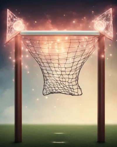 A glowing goal post with dream symbols as the prize, representing ambition and achievement.