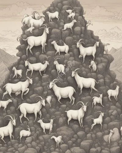 Goats climbing a mountain of dream symbols, representing determination and sure-footedness.