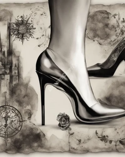 High heels walking confidently, surrounded by symbols of status and elegance.