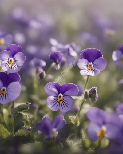 Violets blooming in a dreamy meadow, representing modesty and hidden wisdom.