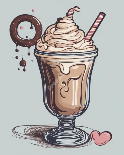 A milkshake swirling with dream symbols, representing indulgence and comfort.