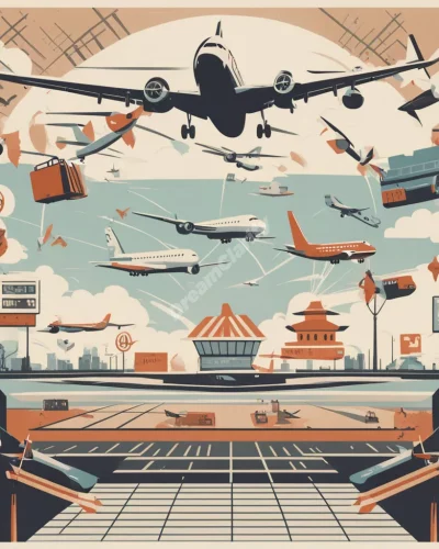 An airport with planes taking off, surrounded by symbols of travel and transition.