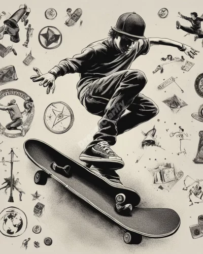 A skateboarder performing tricks, surrounded by symbols of agility and freedom.