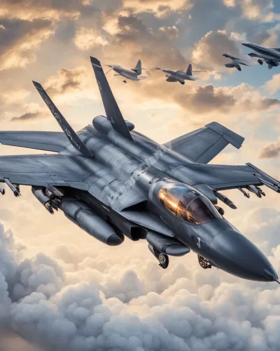 An air force jet flying through the sky, surrounded by symbols of speed and power.