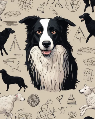 A Border Collie herding sheep, surrounded by symbols of guidance and loyalty.