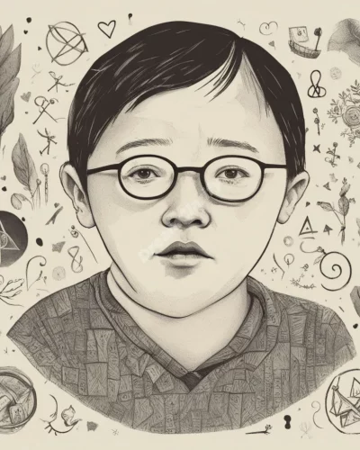 A figure with Down syndrome, surrounded by symbols of uniqueness and acceptance.