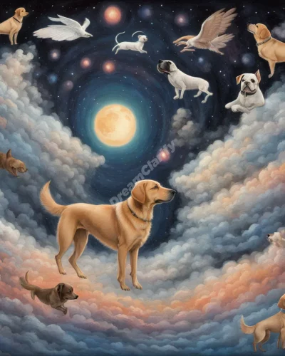 Dogs leading a dreamer through various dreamscapes, representing loyalty and guidance.