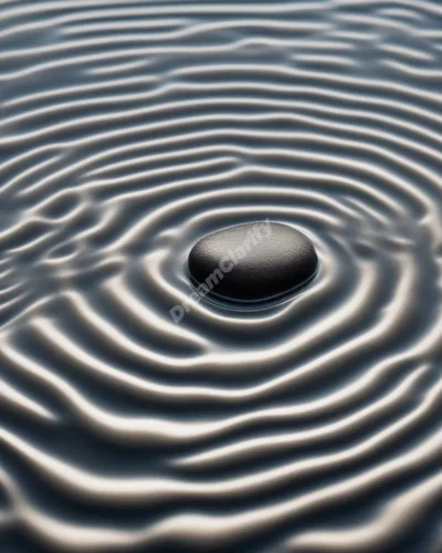 A pebble forming ripples in water, revealing dream symbols, representing impact.