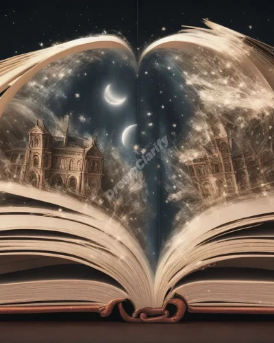 Books with pages turning to reveal animated dream scenes, representing knowledge.