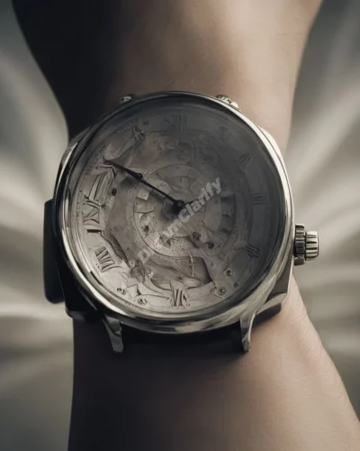 A wrist with a watch showing surreal dream time, representing the passage of time.